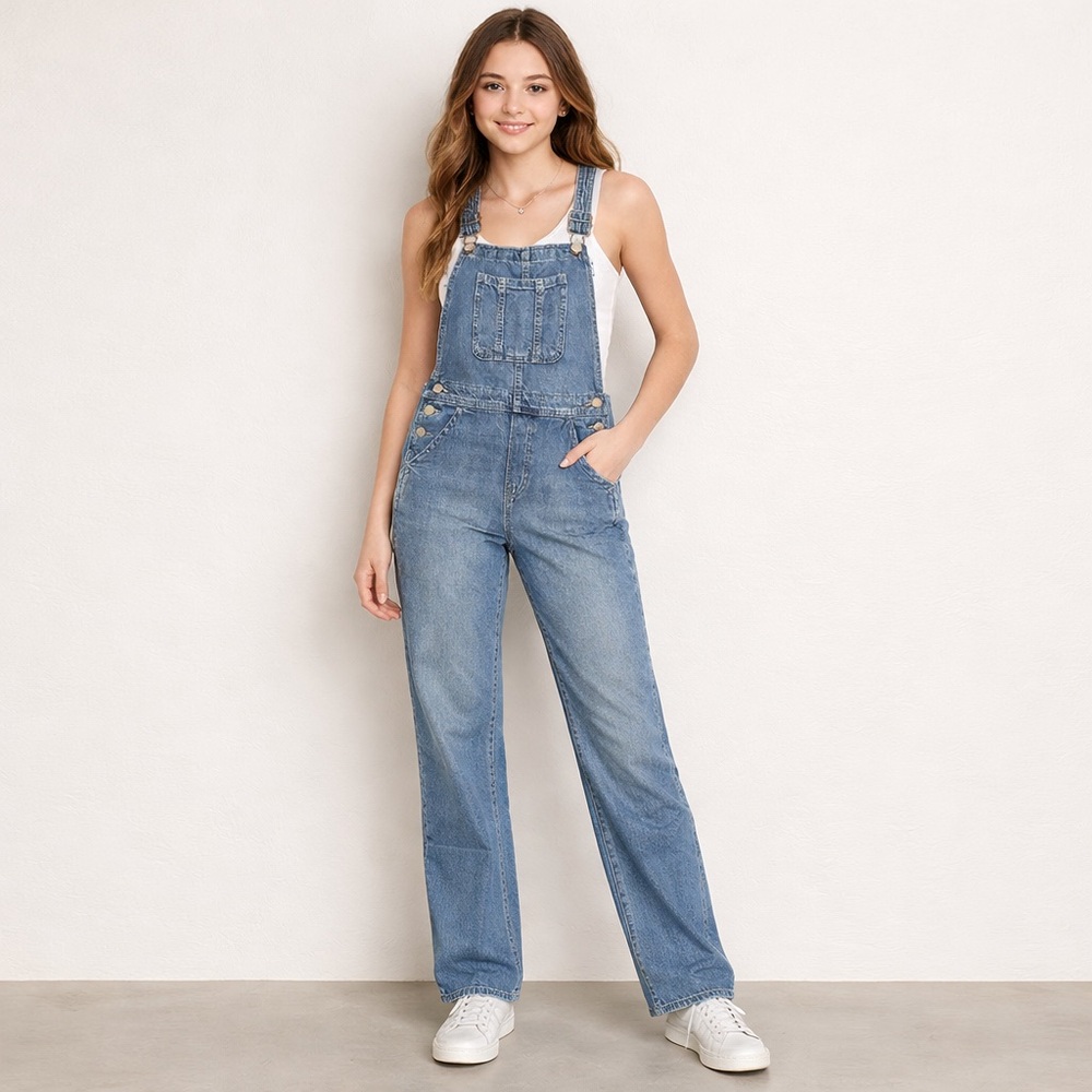 Gap Juniors Blue Size XL Denim Square Neck Straight Leg Denim Overalls